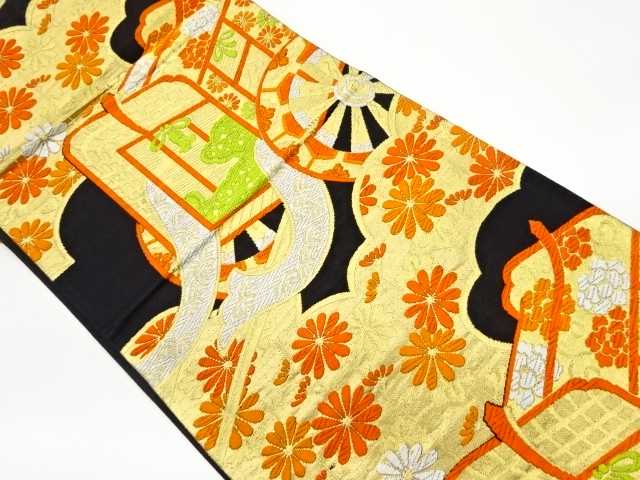 JAPANESE KIMONO / VINTAGE FUKURO OBI / WOVEN CARRIAGE & FLOWERS